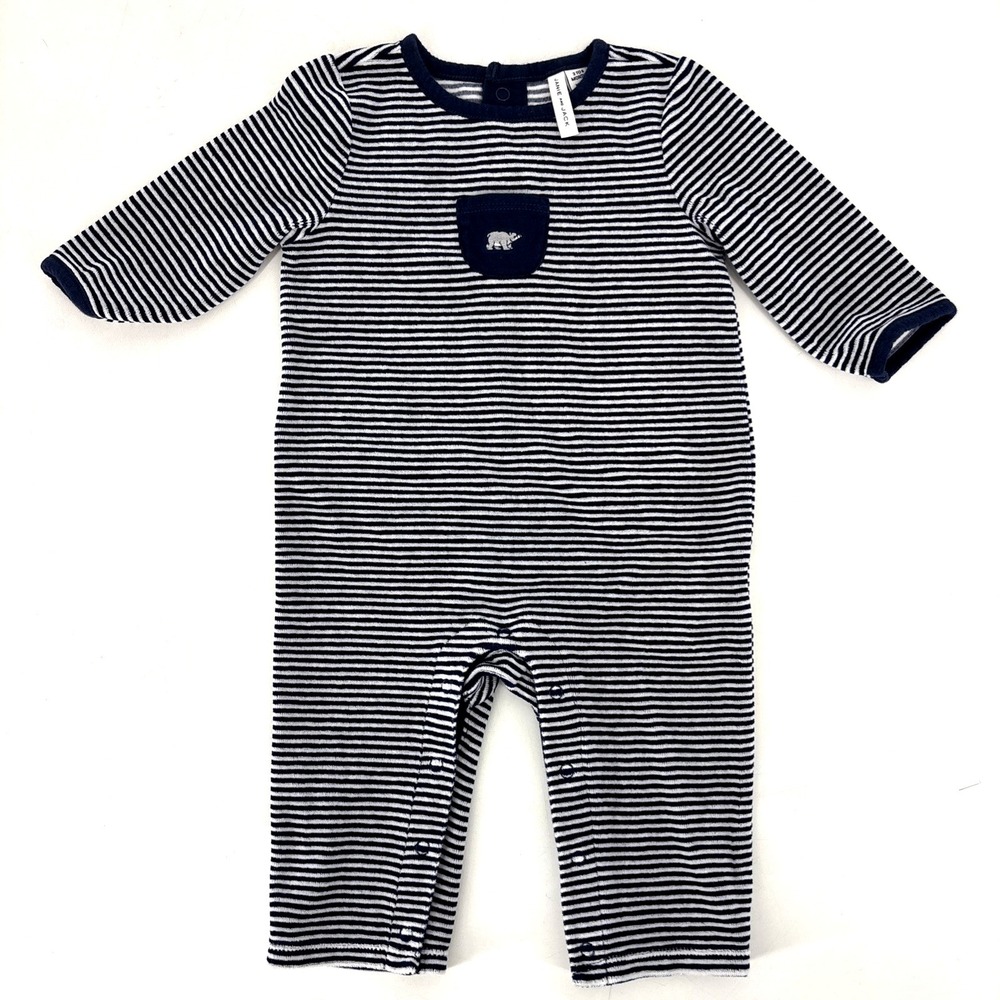 Janieโ & Jack Velvet Striped One Piece Romper Size 3/6 Months Boys Bear Pocket